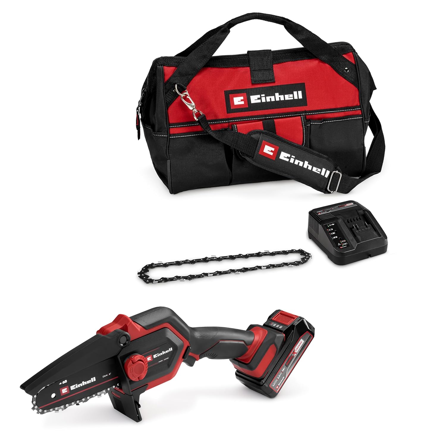 Einhell Akumulátorová řetězová pila GE-PS 18/15 Li Bag Kit Power X-Change (18 V, Brushless, délka řezu 12,5 cm, vč. baterie 2,5 Ah, nabíječka, náhradní řetěz, Einhell Bag 45/29)